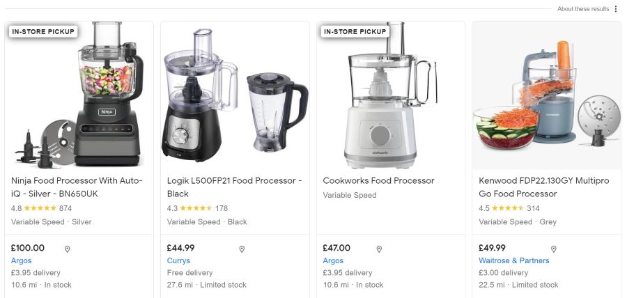 Google shopping results